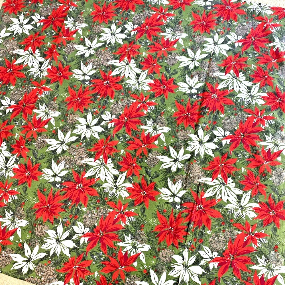 Vintage Christmas Tablecloth 50” Square Poinsettias & Pine Cones Retro 1970's